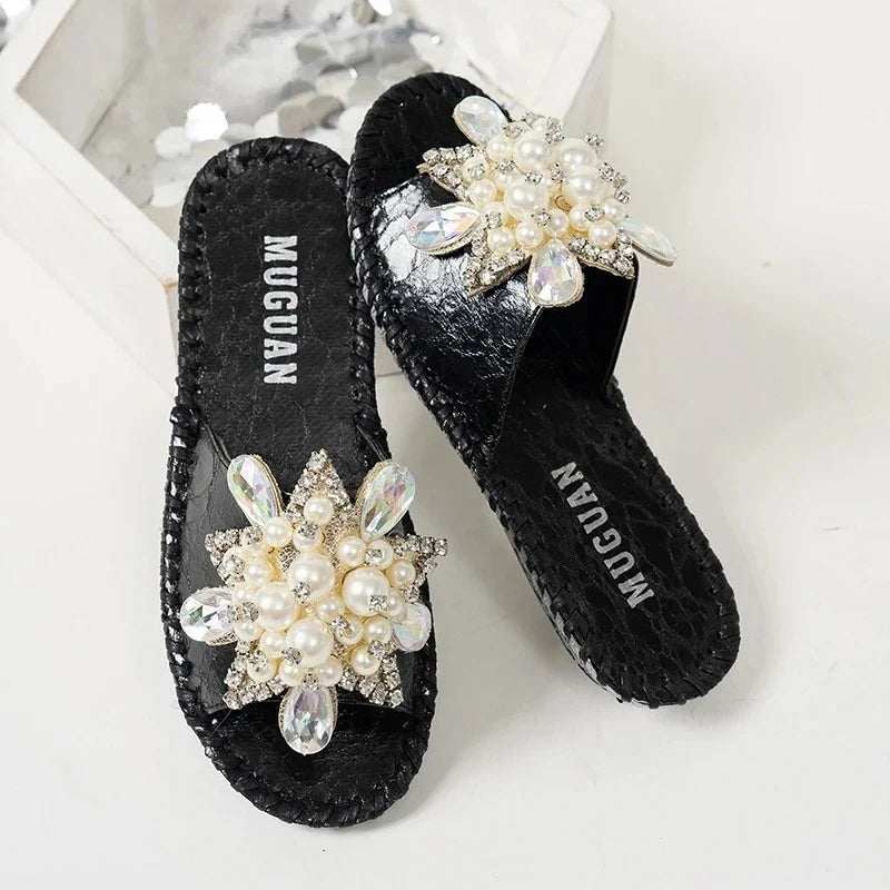 Gold Crystal Flower Slides – Women's Bling Flat Sandals