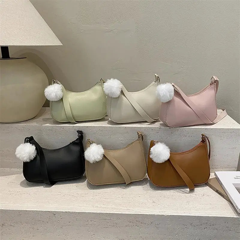 Women's PU Leather Hobo Shoulder Bag with Pom-Pom Charm