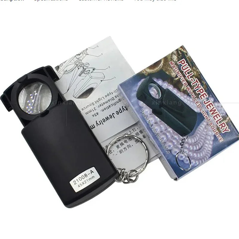 45X LED Foldable Magnifying Glass with Keychain Loupe