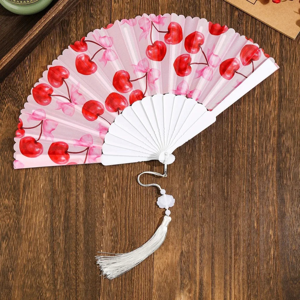 Portable Fruit Pattern Folding Hand Fan Plastic Frame Fabric Tassel