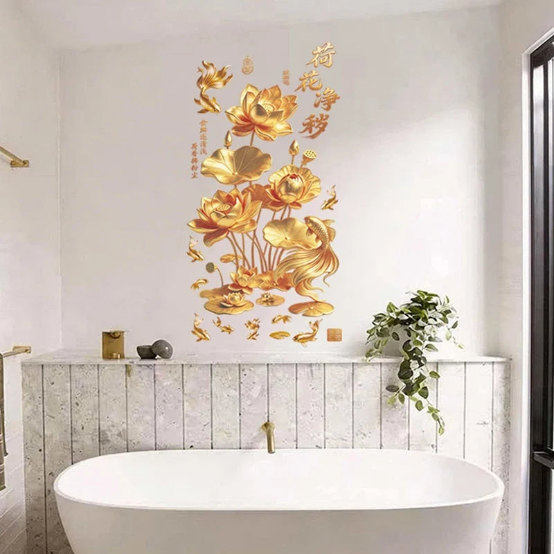 3D Koi & Golden Lotus Glass Door Sticker | Chinese PVC Decal