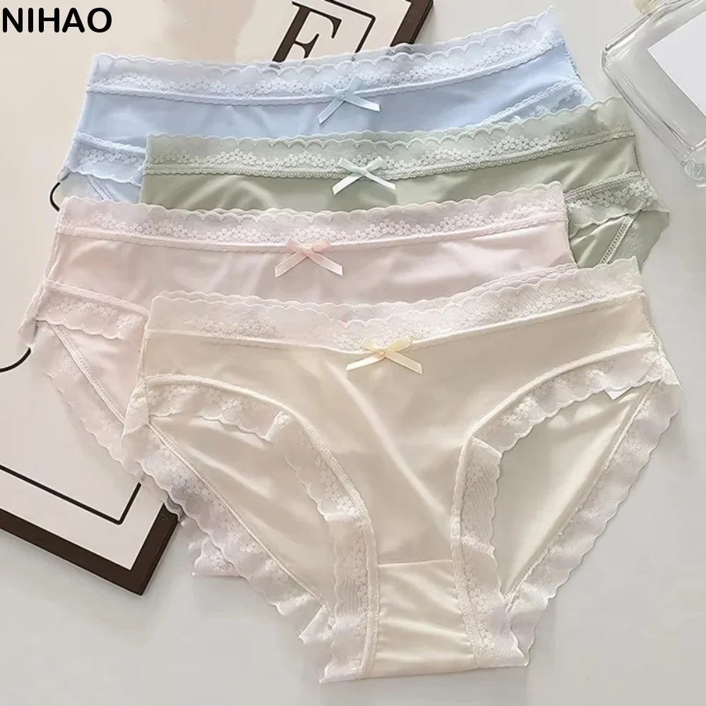 Women's Ice Silk Seamless Briefs – Lace Bow Cotton Crotch Panties