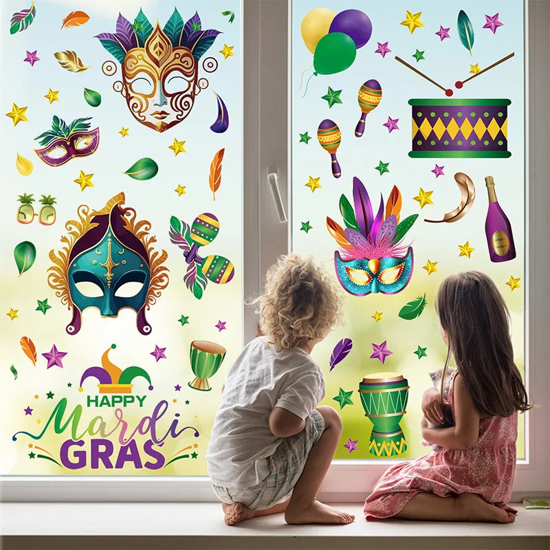Reusable Mardi Gras Window Stickers Masquerade Mask Feather Pattern