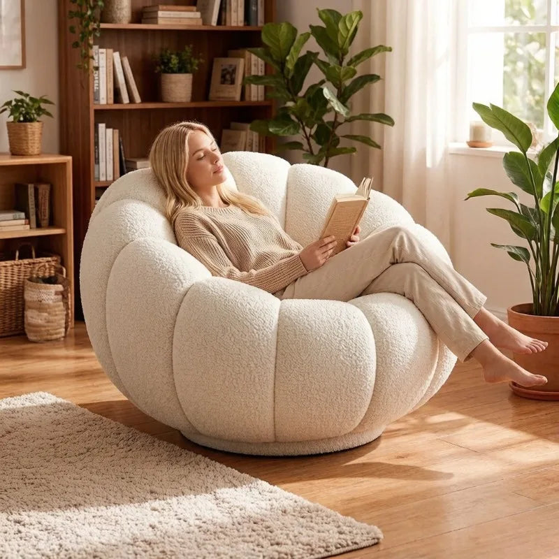 Lamb Wool Plush Pumpkin Single Sofa Chair – Cream Lounge Seat