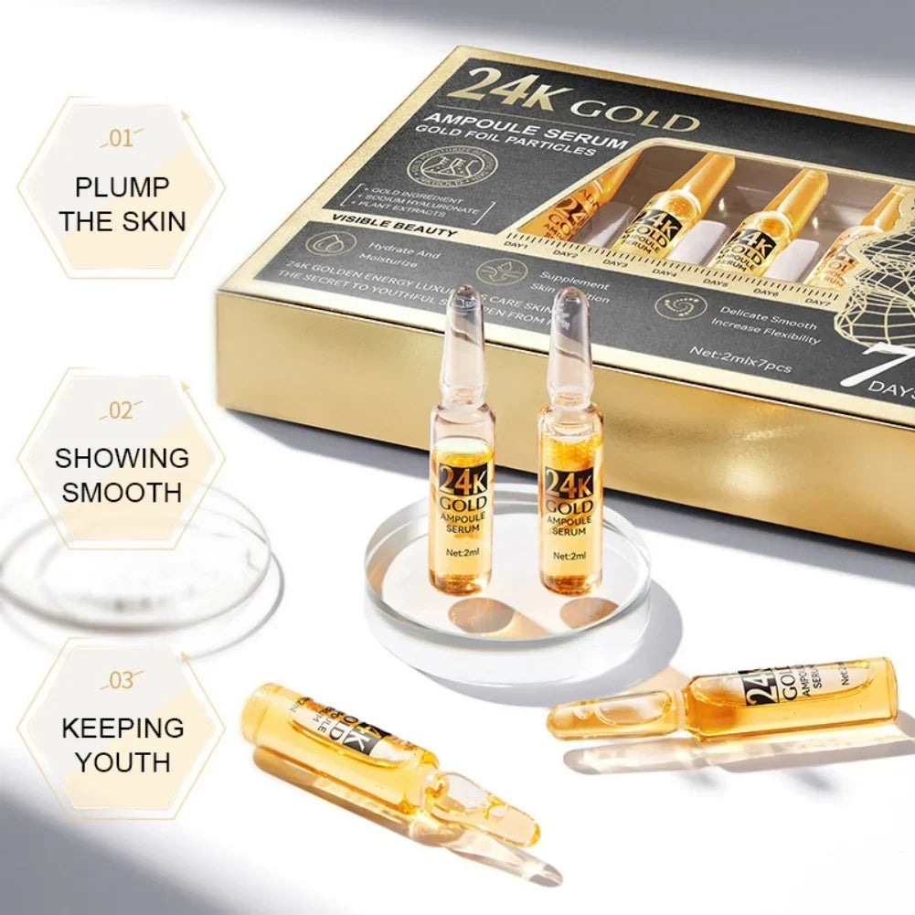 Korean 24K Gold Hyaluronic Acid & Vitamin C Serum – 7 Ampoules
