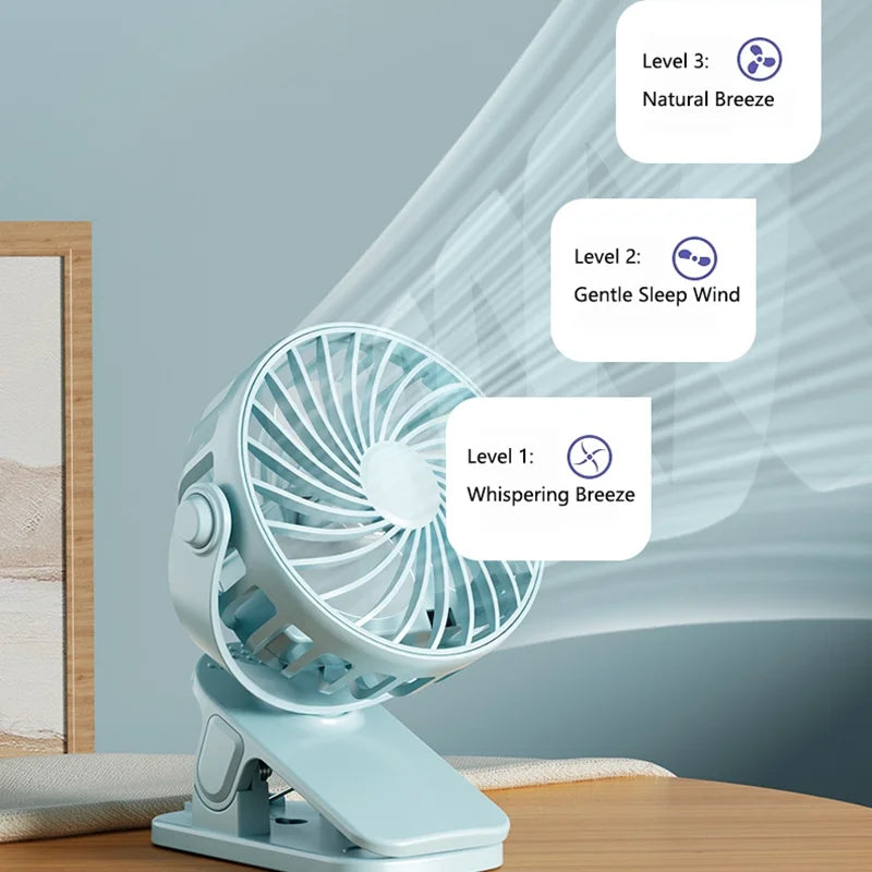Portable Clip Fan 720° Rotating Rechargeable with Night Light