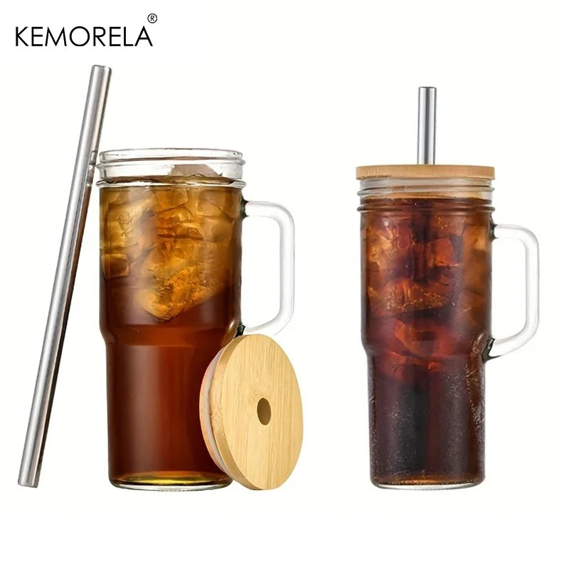 KEMORELA 700ml Glass Cup with Wooden Lid & Straw | Set of 1/2/4