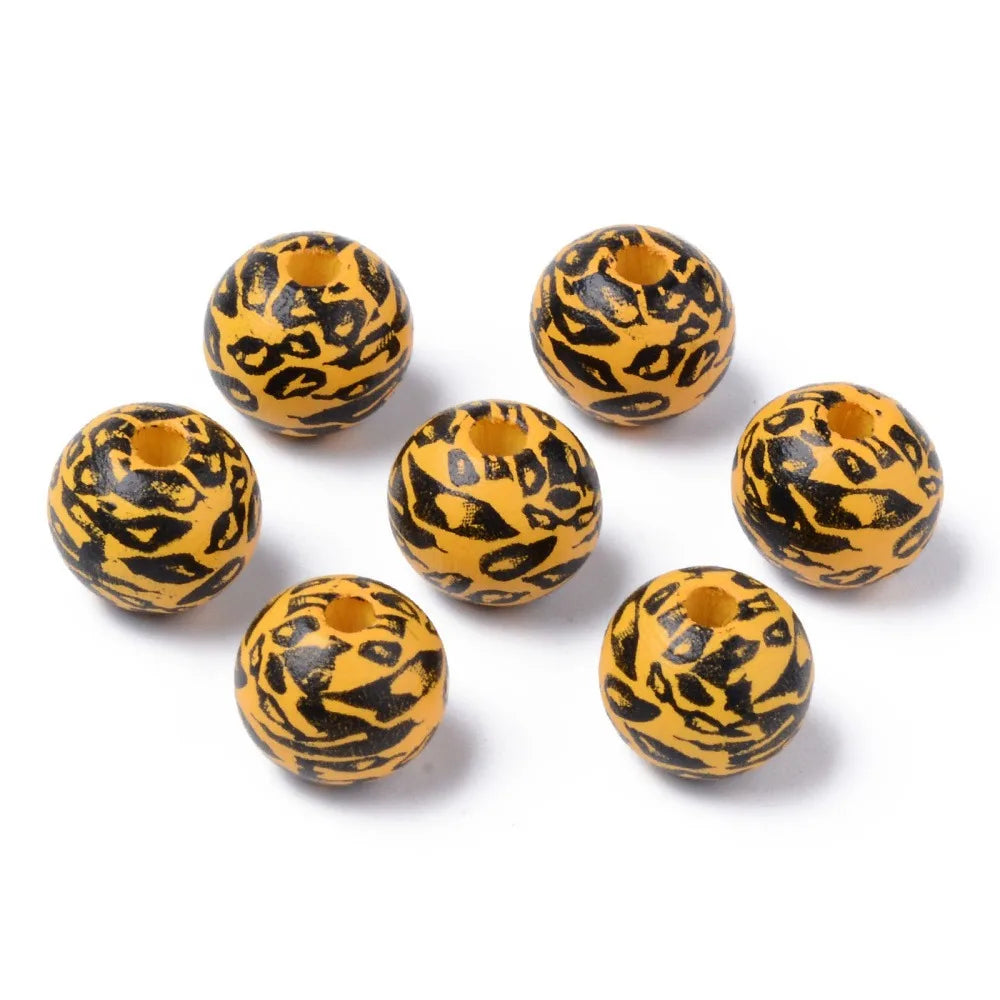 Leopard Print Round Wood Beads 10mm Mixed Color – 10 Pc