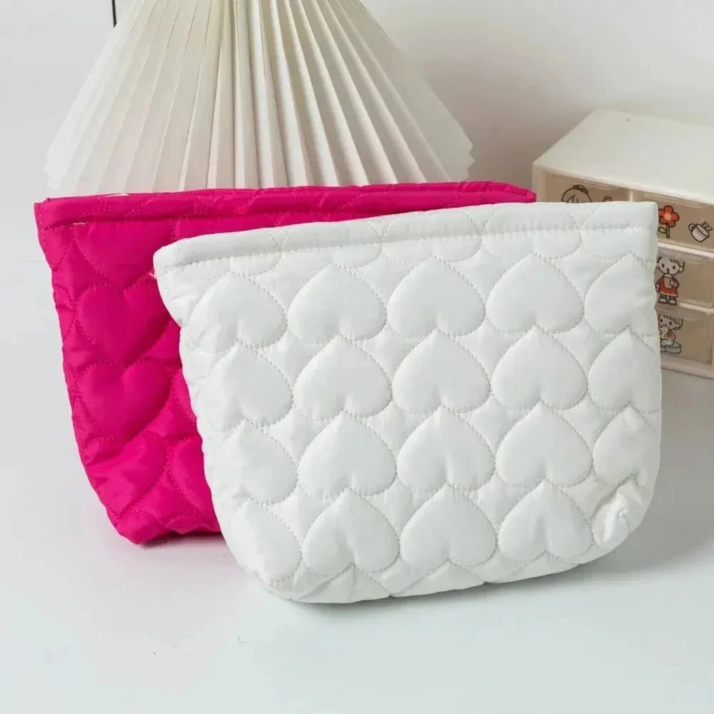 Korean Heart Quilted Cosmetic Bag | Large Capacity Makeup Organizer