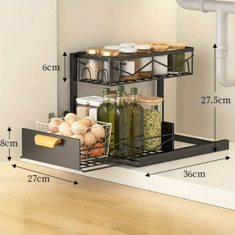 2-Tier Sliding Under Sink Organizer Rustproof Metal Storage Kitchen