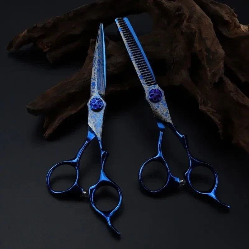 6" Blue Damascus Hair Cutting & Thinning Scissors | Pro Shears