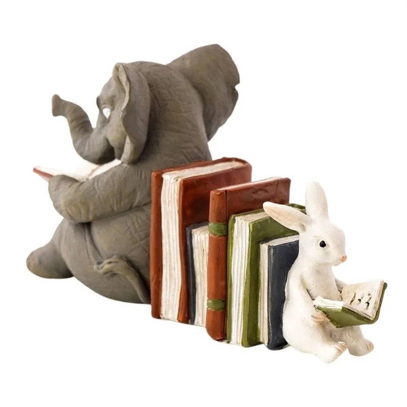 Elephant & Rabbit Reading Bookend – Resin Animal Statue Decor