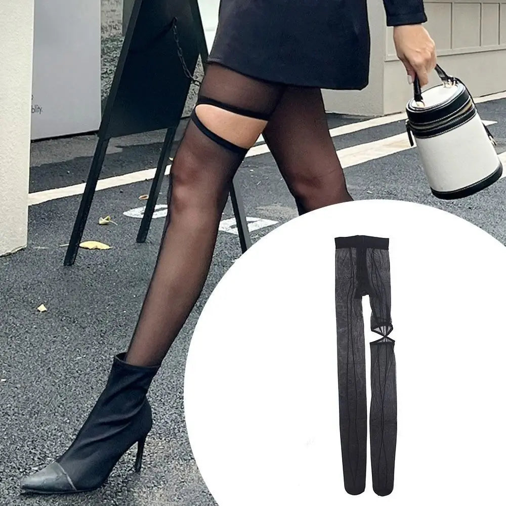 Women's Asymmetric Hollow Out Tights – Vertical Line Stockings