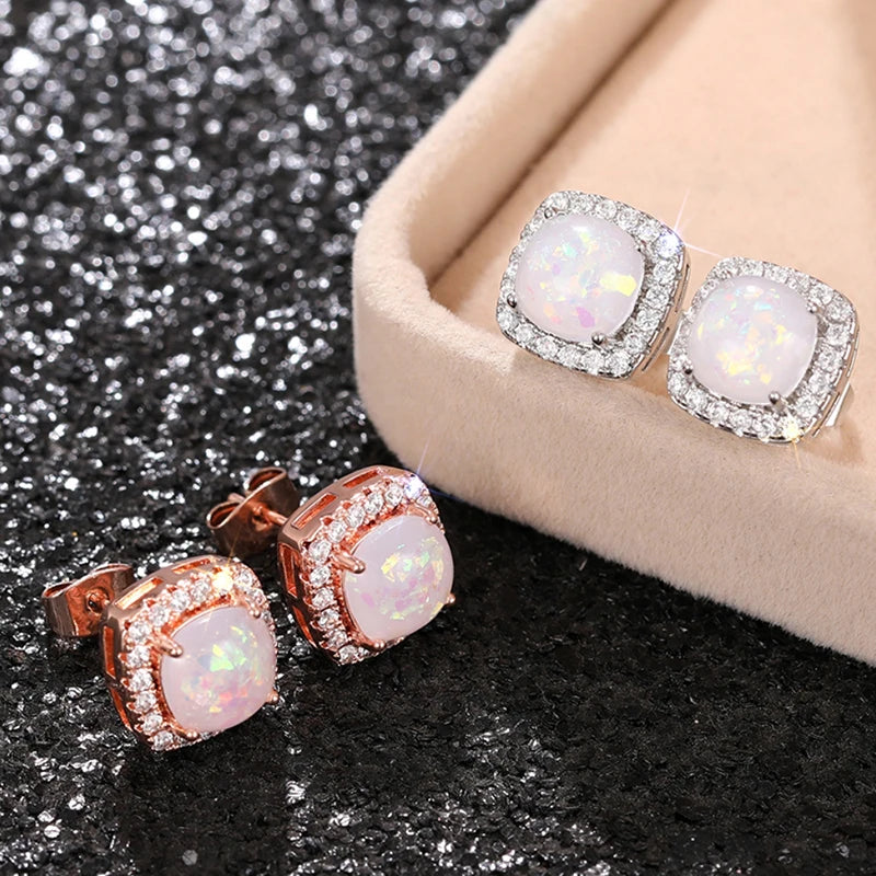 Huitan Opal Stud Earrings – Cubic Zirconia Silver & Rose Gold