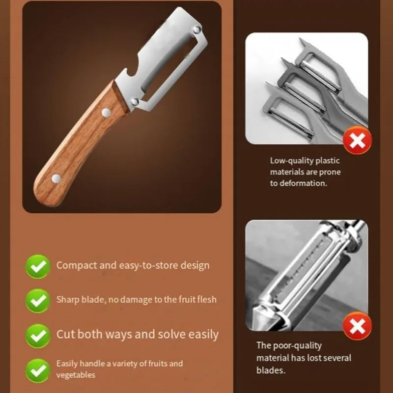 Multi-Function Vegetable Peeler – Wooden Handle & Bottle Opener