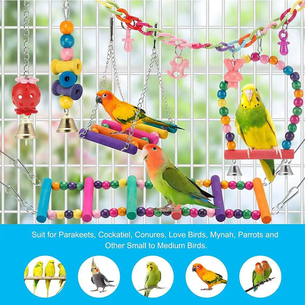11-Piece Natural Wood Parrot Toy Set – Swing, Chew & Bell Toys