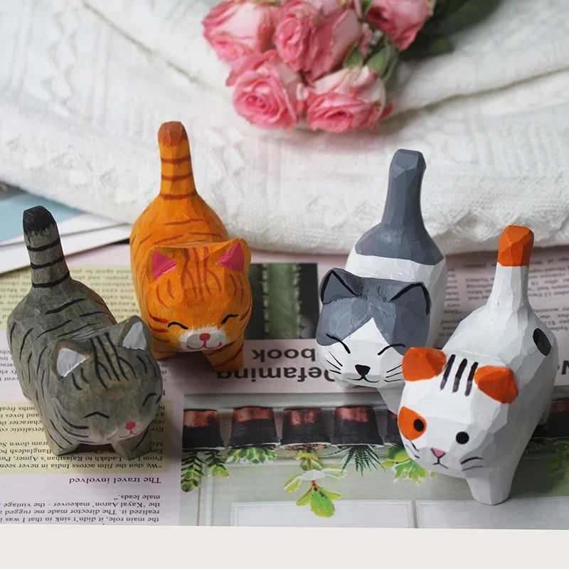 Handmade Basswood Carved Cat Ornament – Kitten Desk Decor