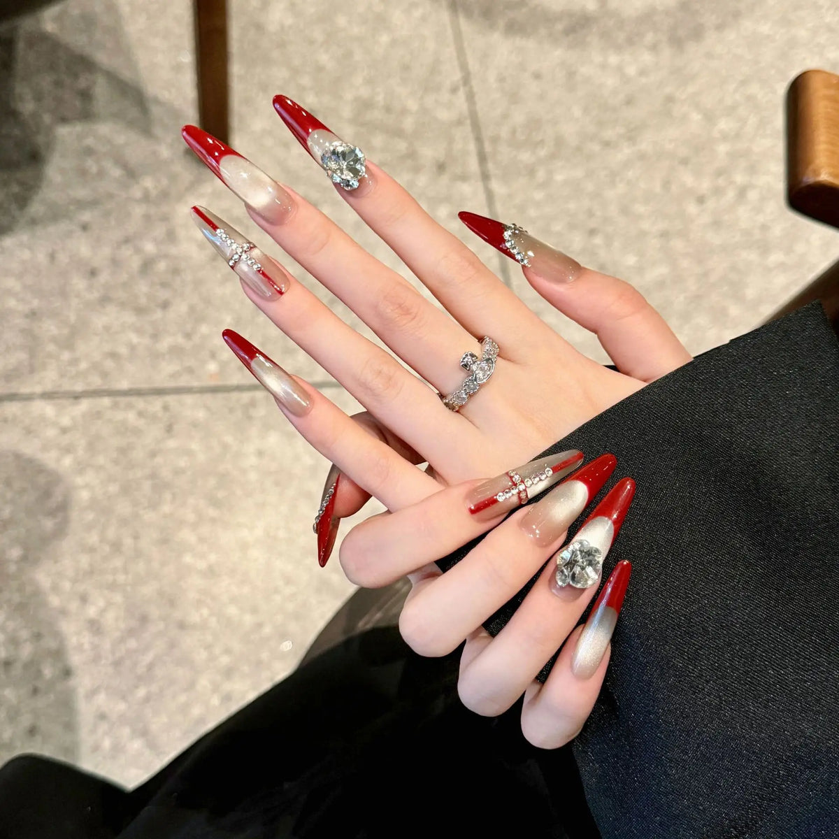 Handmade Press Nails Long Oval Red French Fake Women Girl Wearable