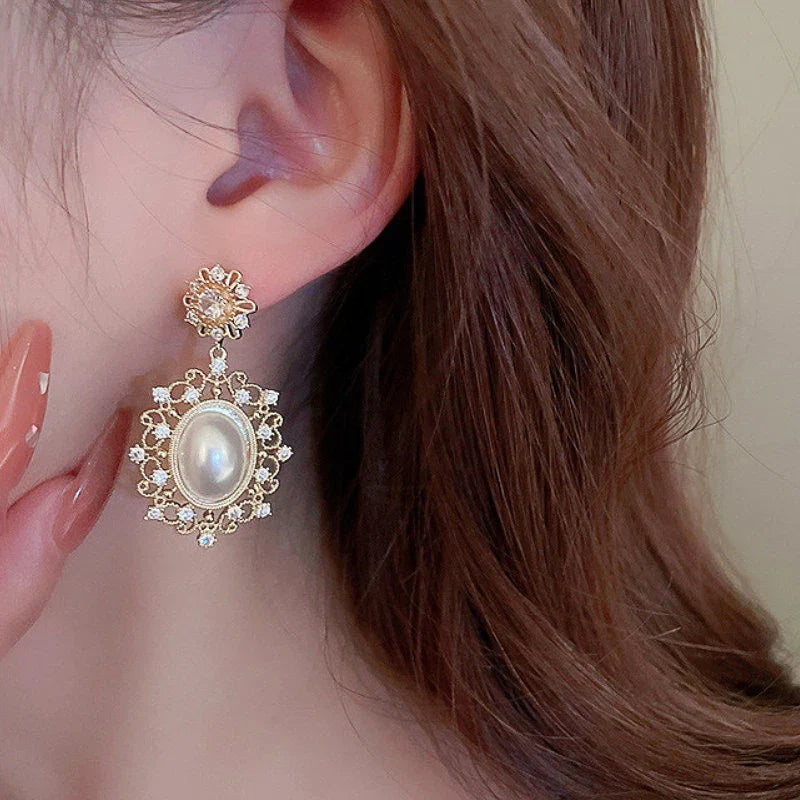 Huitan Gold Pearl Dangle Earrings – Bridal Wedding Jewelry
