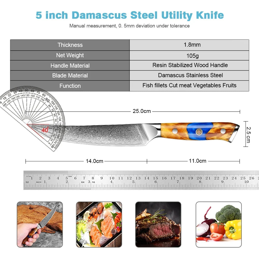 XITUO 5" Damascus Steel Japanese Petty Utility Knife | Full Tang