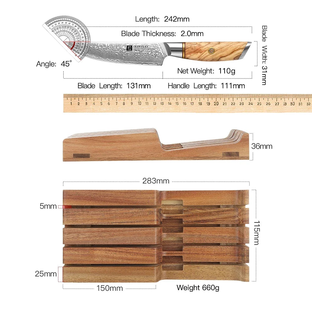 XINZUO 5-Pc Damascus Steak Knife Set | Olive Wood & Acacia Tray