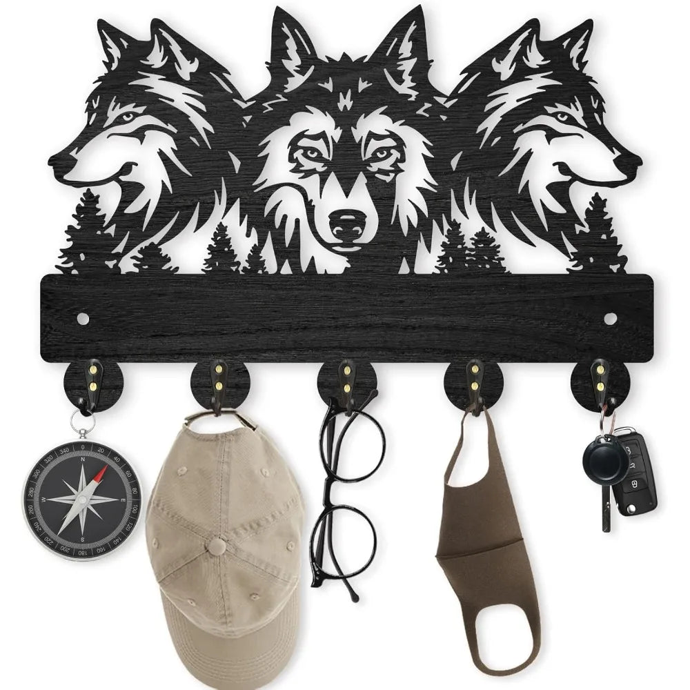 Wolf Forest Wood Wall Coat Rack – 5 Hook Key Holder 11.8in