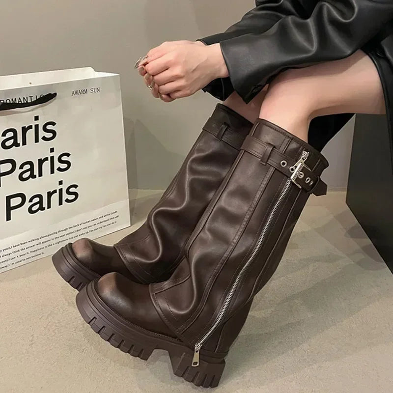 Women's Knee-High Biker Boots – Platform Belt Buckle Winter