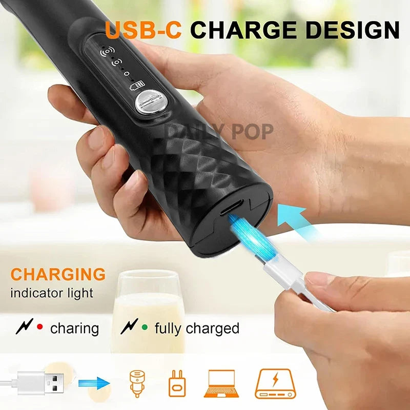 3-Whisk Electric Milk Frother with Stand | 3-Speed Rechargeable