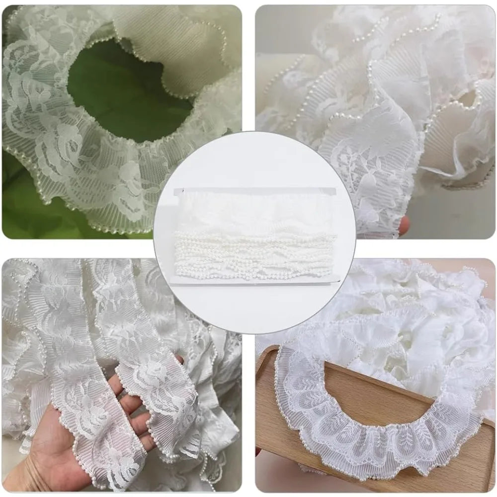7 Yards Pearl Flower Ruffled Lace Ribbon Trim – White DIY