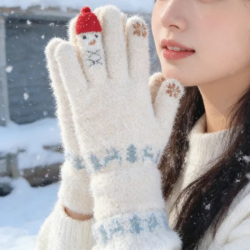 Women's Snowman Knit Touchscreen Winter Gloves | Warm & Cute