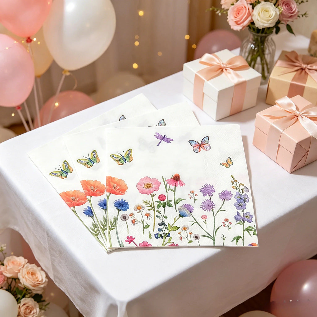 40PCS Watercolor Floral & Butterfly 3-Ply Disposable Paper Napkins