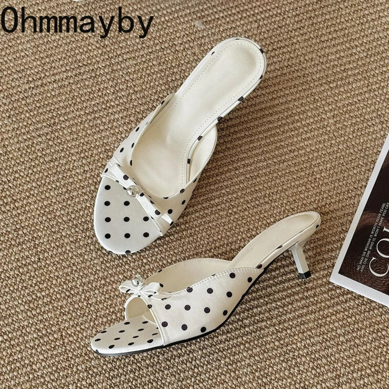 Women's Open Toe Thin Heel Mule Slides | Polka Dot Summer
