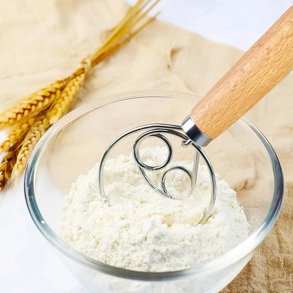 Danish Dough Whisk Traditional Wooden Handle Stainless Steel Hook