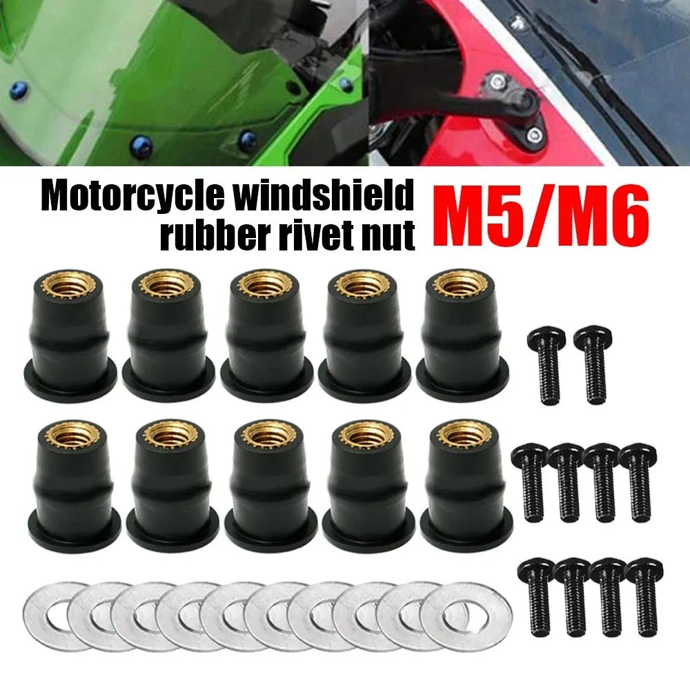 M5 M6 Motorcycle Windshield Bolt & Rubber Well Nut Set – 30Pc