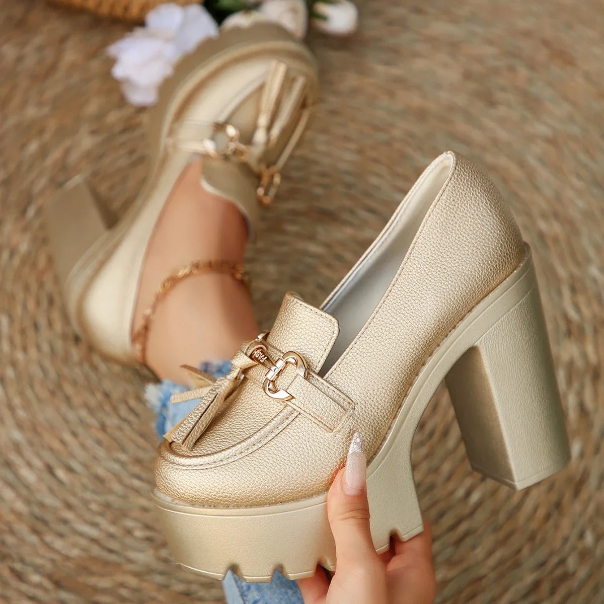Women's Chunky High Heel Pumps – Tassel & Bowknot Party Shoes