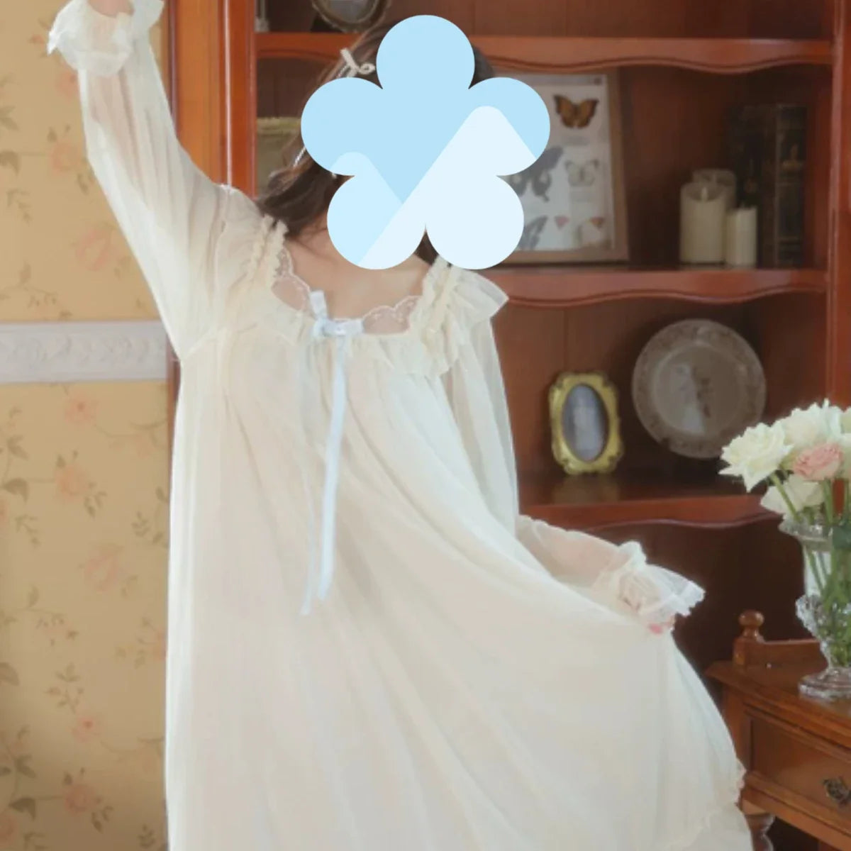 Women's Lace Mesh Nightgown – Bow Long-Sleeve Nightdress