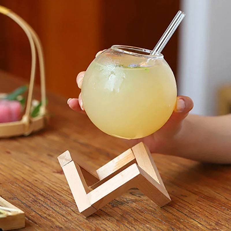 Round Ball Cocktail Glass with Wood Stand | Creative Bar Tumbler
