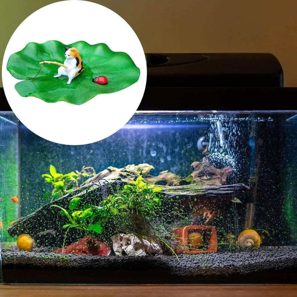Floating Cat Fishing Lily Pad Resin Fish Tank Ornament