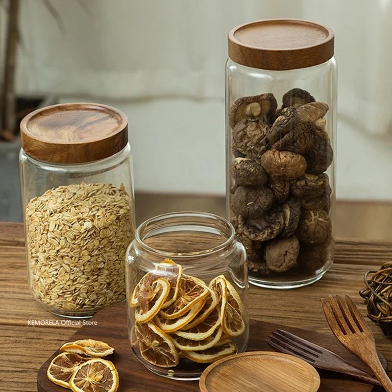 KEMORELA Glass Airtight Canister with Wood Lid | Kitchen Storage
