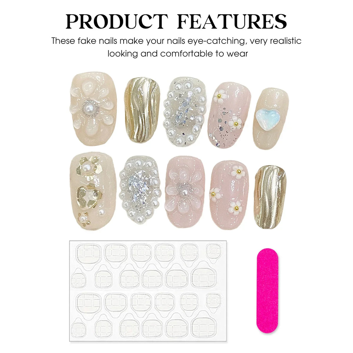 3D Flower Pearl Gold Foil Press On Nails | Short Round Bridal