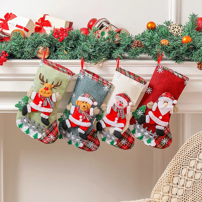 Linen Large Christmas Stocking Fence Bag Tree Hanging Ornaments Candy