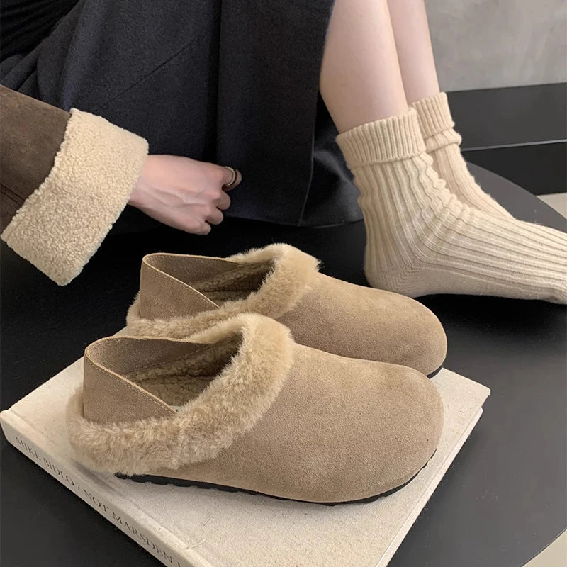 Women's Retro Faux Suede Fur-Lined Slip-On Flats | Winter Shoes