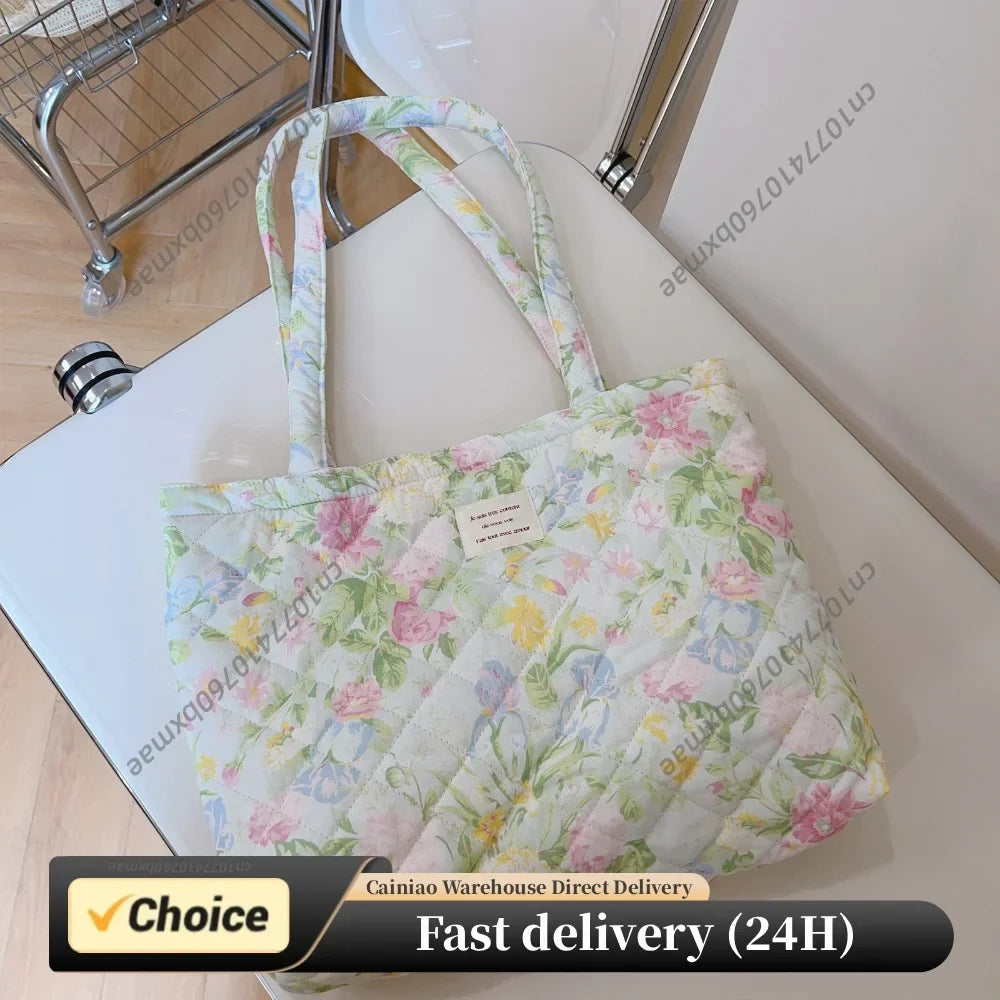 Women Quilted Cotton Laptop Work Tote Bag Lightweight Flower Print