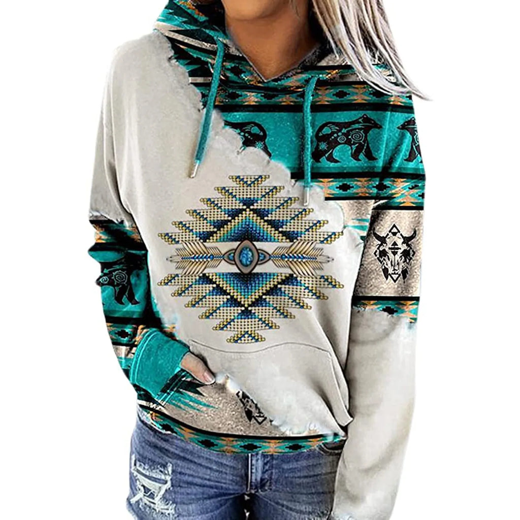 Women's Geometric Horse Print Hoodie | Ethnic Pullover