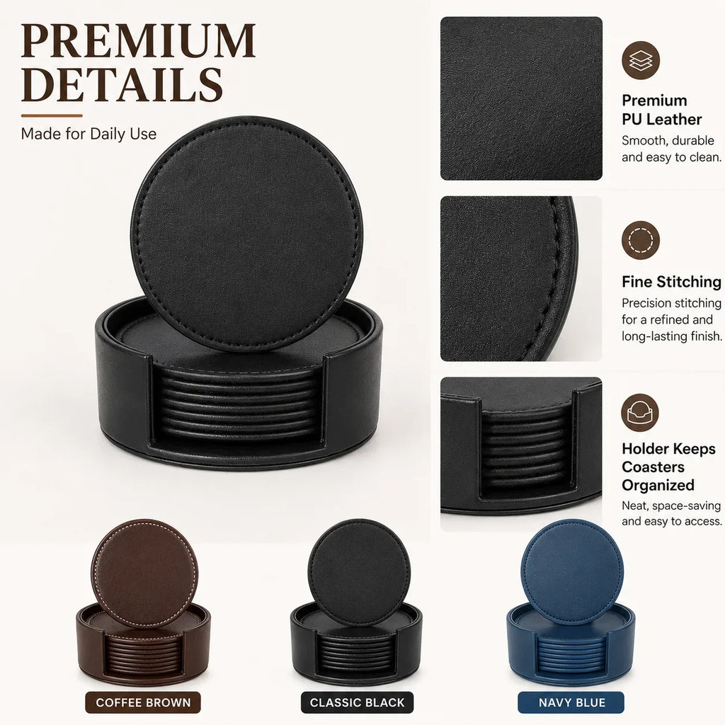 6-Piece PU Leather Coasters with Holder – Waterproof & Heat Resistant