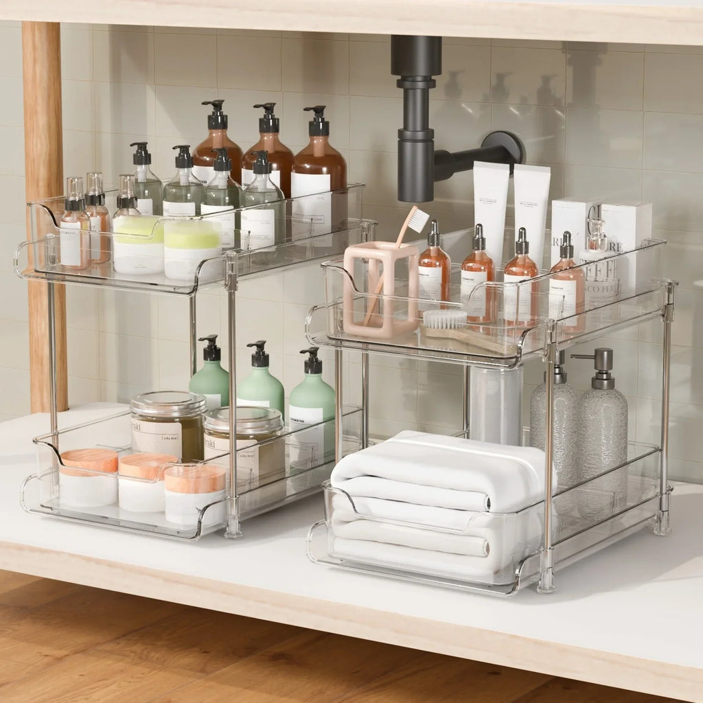 2 Tier Under Sink Organizer Sliding Cabinet Basket Drawer Storage