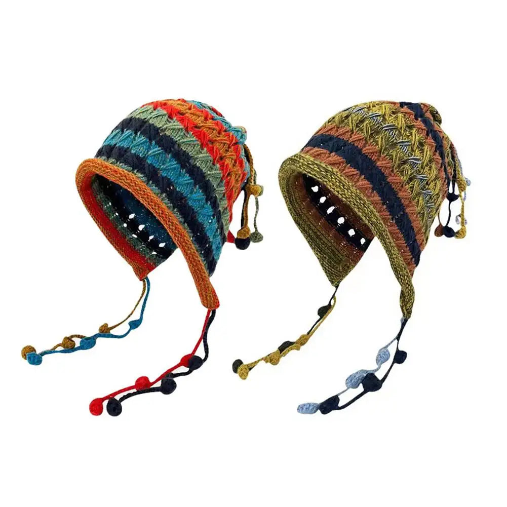 Women's Rainbow Striped Knit Beanie Hat – Warm Winter Ear Cap