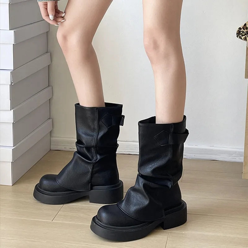 Women's Chunky Platform Mid-Calf Boots | Retro British Style