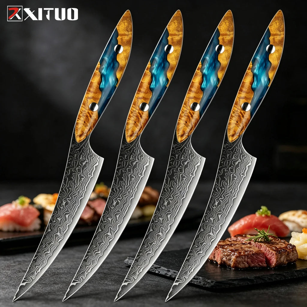 XITUO Damascus Steel Steak Knives Set 1–4 | Full Tang Handle