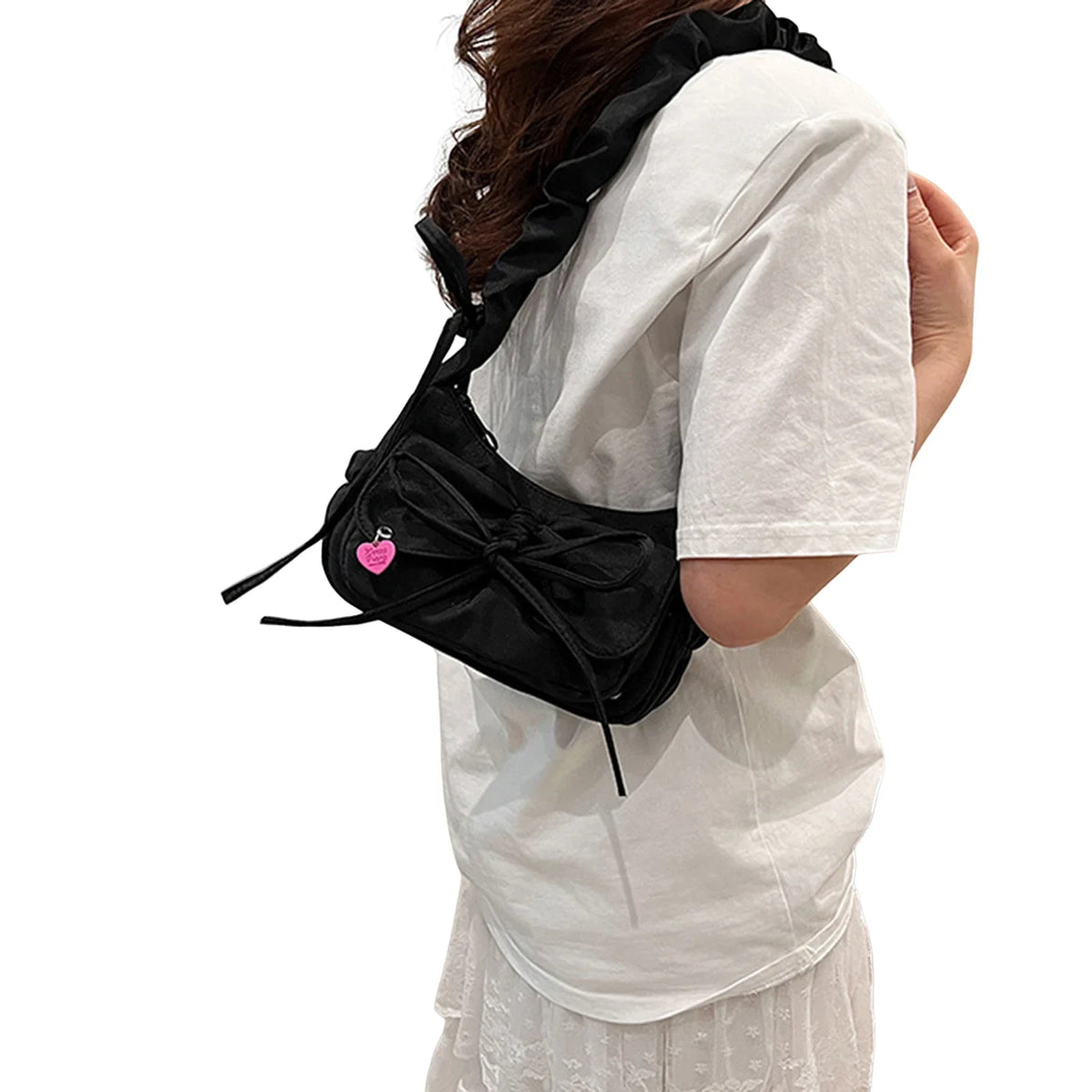 Black Bow Washed Denim Shoulder Bag | Korean Style Handbag